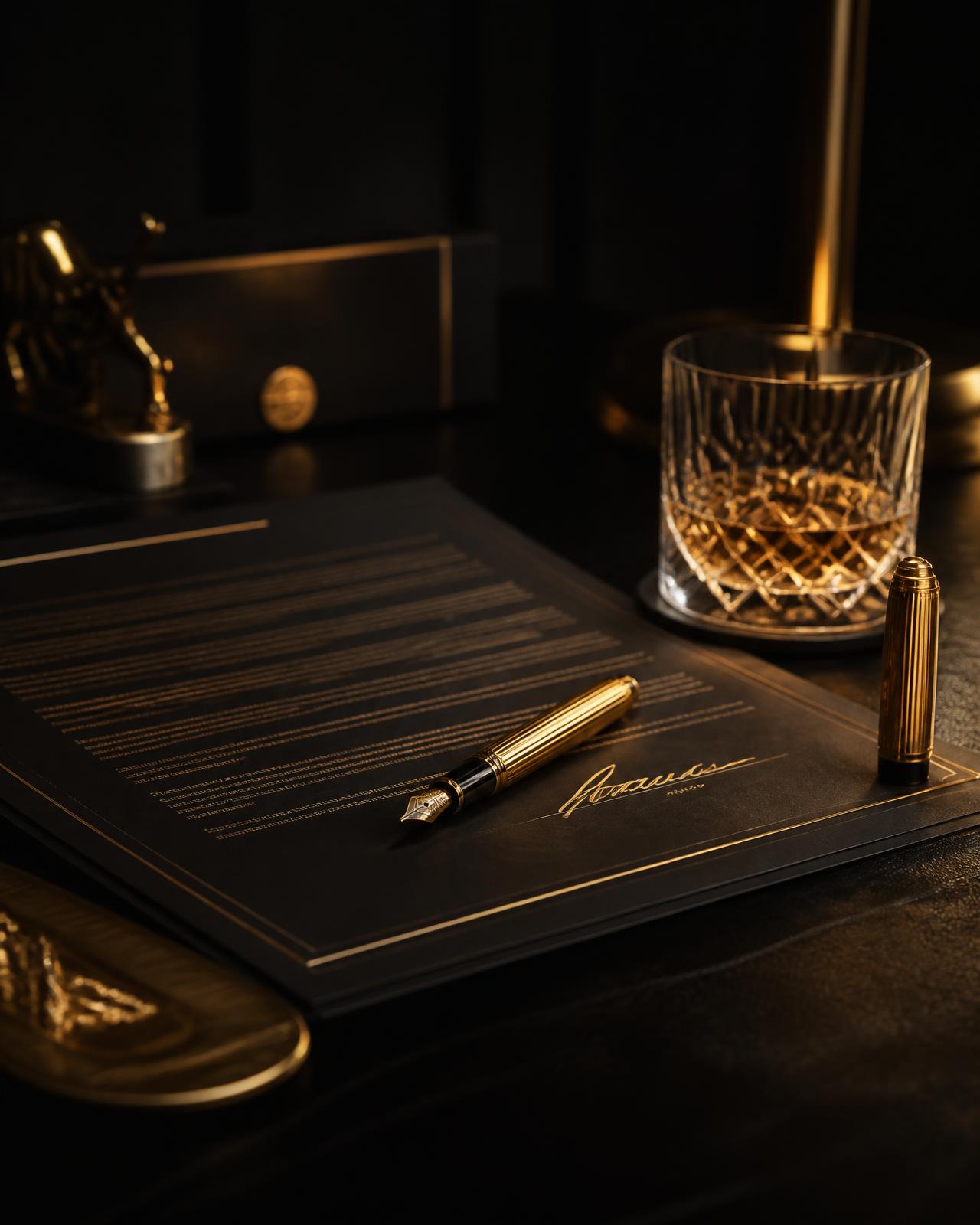 Signed partnership agreement beside a gold fountain pen