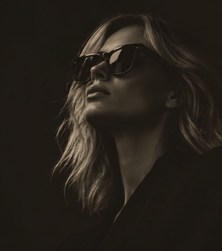 Kate Moss in sunglasses for a warm-toned fashion editorial
